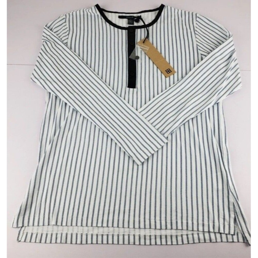 Ksubi Women’s Sz Extra Small White w/Blue Vertical Stripe Henley Blouse NEW